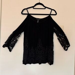 INC International Concepts Black Crochet Detail Cold Shoulder Blouse
